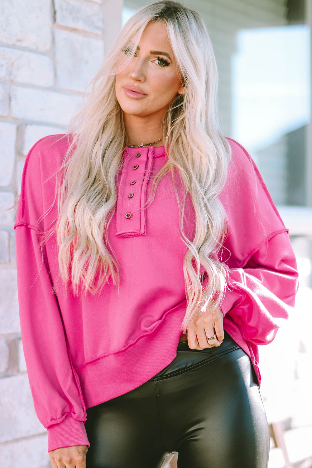 Black Drop Shoulder Henley Buttons Sweatshirt