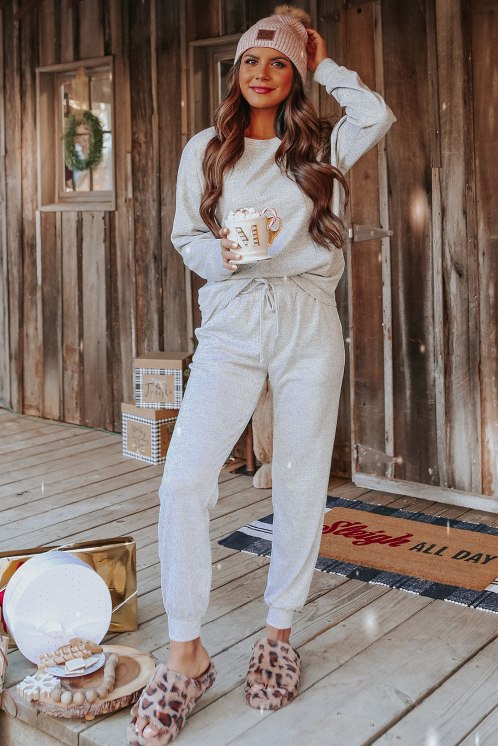 Spinach Green Sequined Christmas Cane Pattern Lounge Sweatsuit