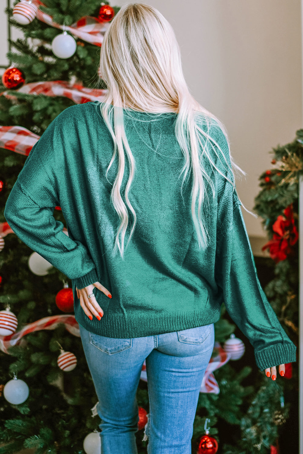 Fiery Red Sequined Christmas Tree Raglan Sleeve Sweatshirt
