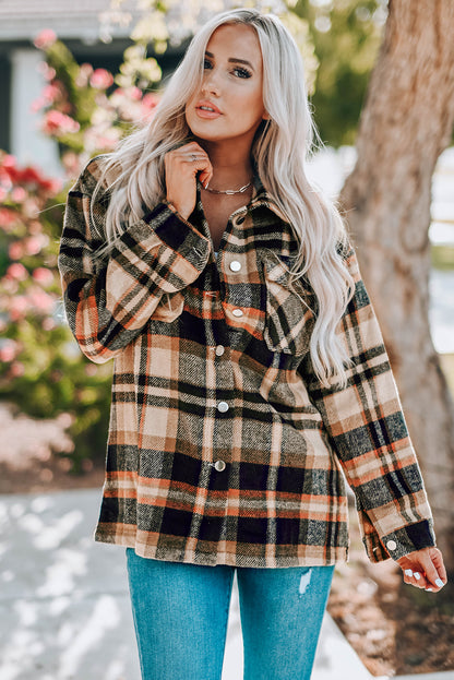 Navy Blue Plus Size Plaid Flap Pocket Shacket