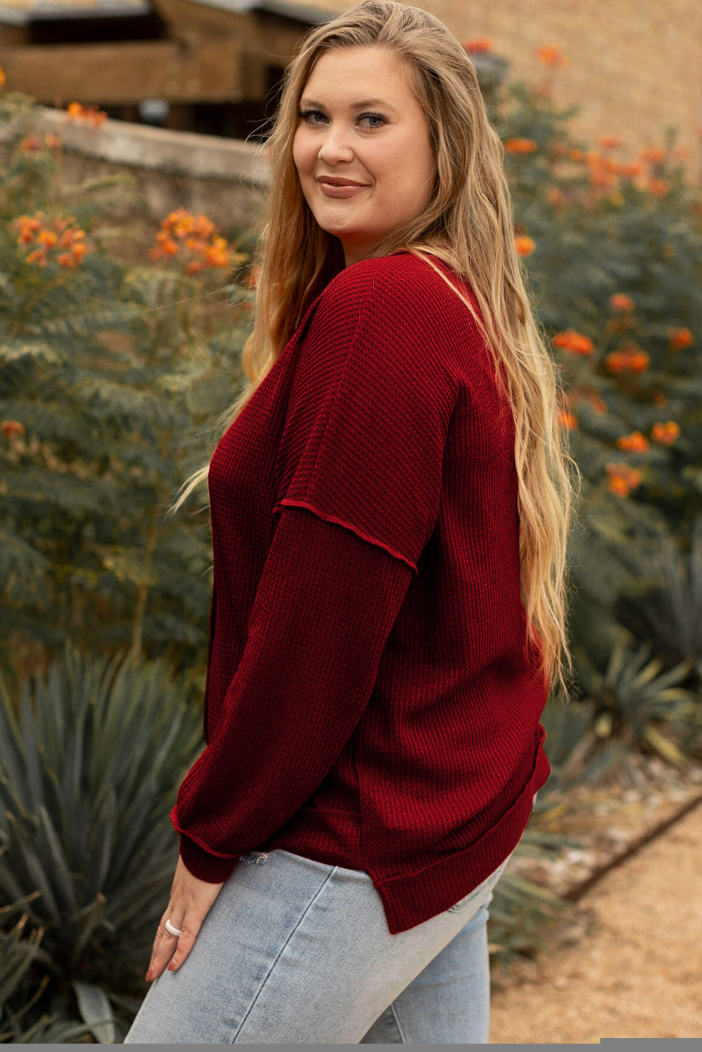 Gold Flame Exposed Seam Detail Waffle Knit Plus Size Top