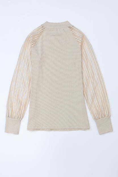 Black Striped Mesh Long Sleeve Crewneck Ribbed Top