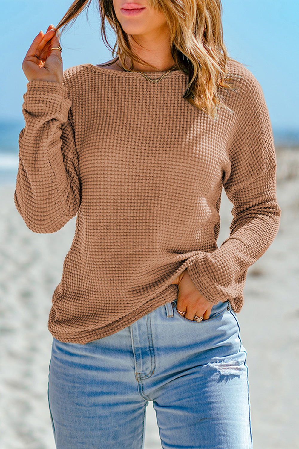 Fiery Red Waffle Knit Drop Shoulder Long Sleeve Top