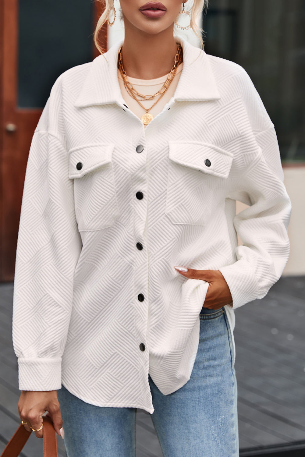 Khaki Solid Textured Flap Pocket Buttoned Shacket