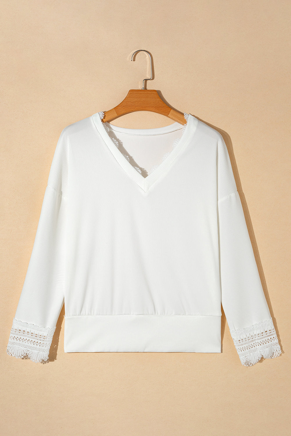Black Ribbed Texture Lace Trim V Neck Long Sleeve Top