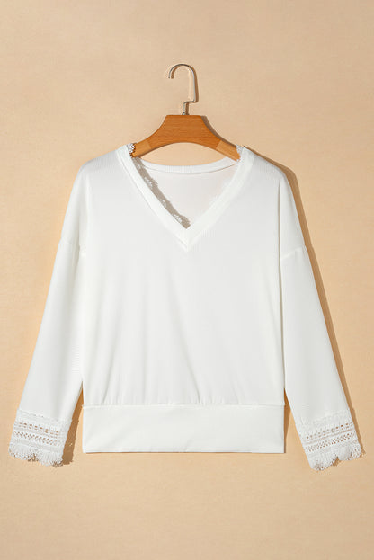 Black Ribbed Texture Lace Trim V Neck Long Sleeve Top