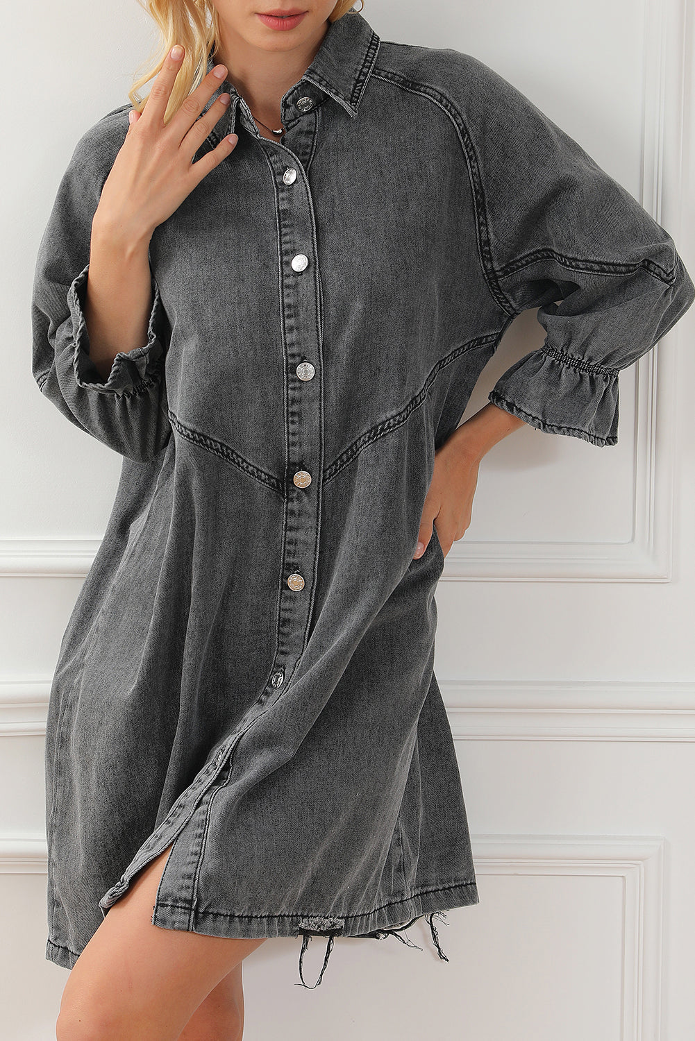 Gray Sequin Nutcracker Graphic Long Sleeve Shirt Denim Dress
