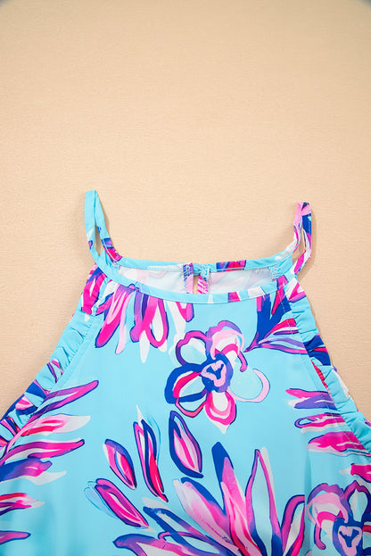 Purple Floral Print Pocketed Frill Sleeveless Romper