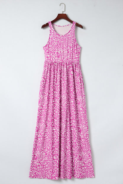Gray Leopard Print Pocketed Sleeveless Maxi Dress