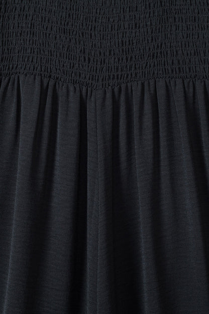 Black Smocked Square Neck Long Sleeve Wide Leg Jumpsuit