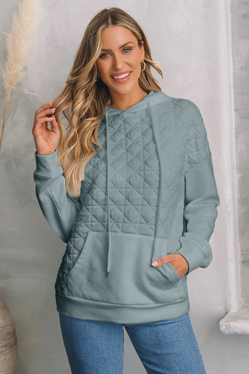 Coffee Solid Color Quilted Kangaroo Pocket Hoodie