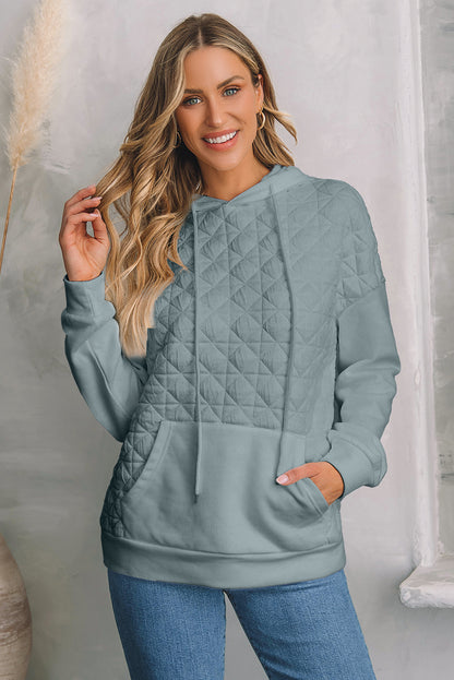 Coffee Solid Color Quilted Kangaroo Pocket Hoodie