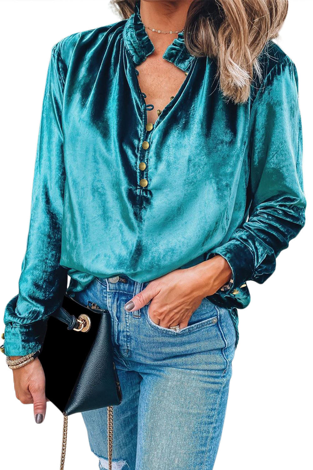 Burgundy Frilled Neck Buttoned Front Velvet Top