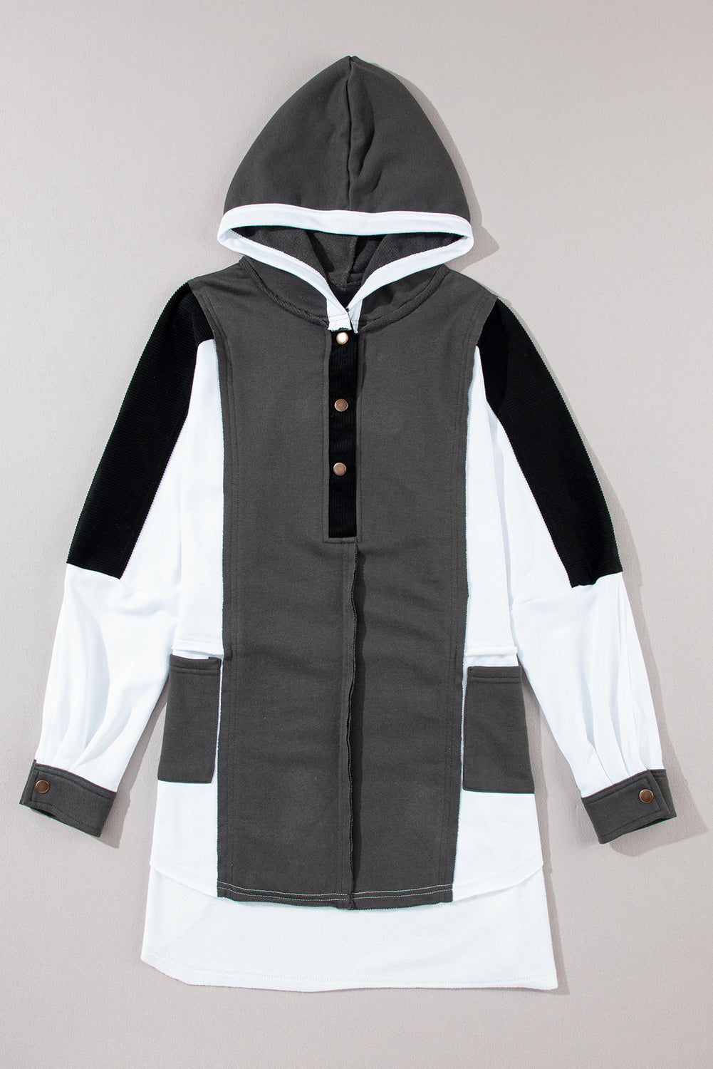 Gray Color Block Exposed Seam Buttoned Neckline Hoodie