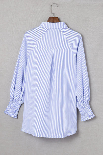 Pink Smocked Cuffed Striped Boyfriend Shirt with Pocket
