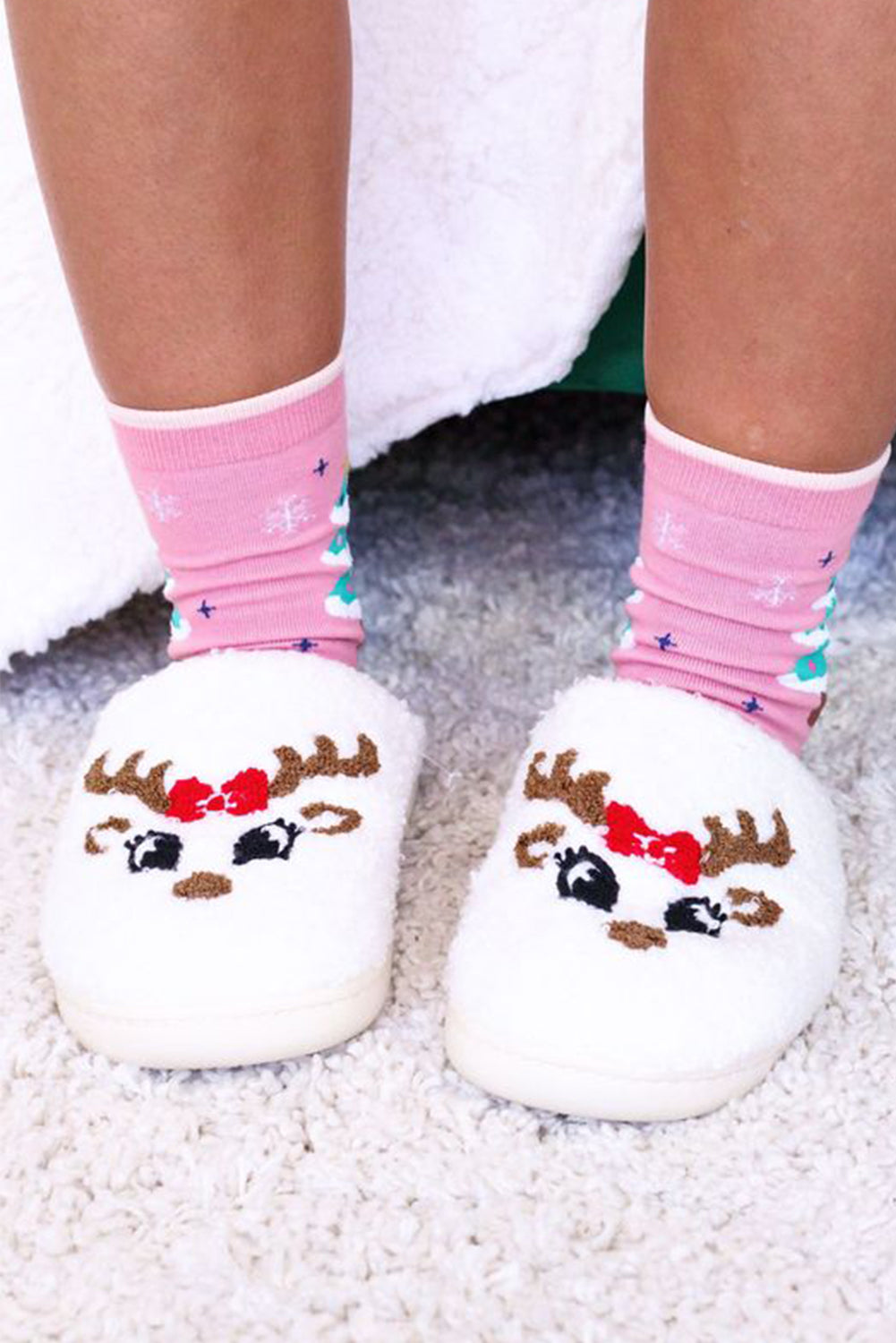 White Christmas Deer Home Indoor Plush Slippers