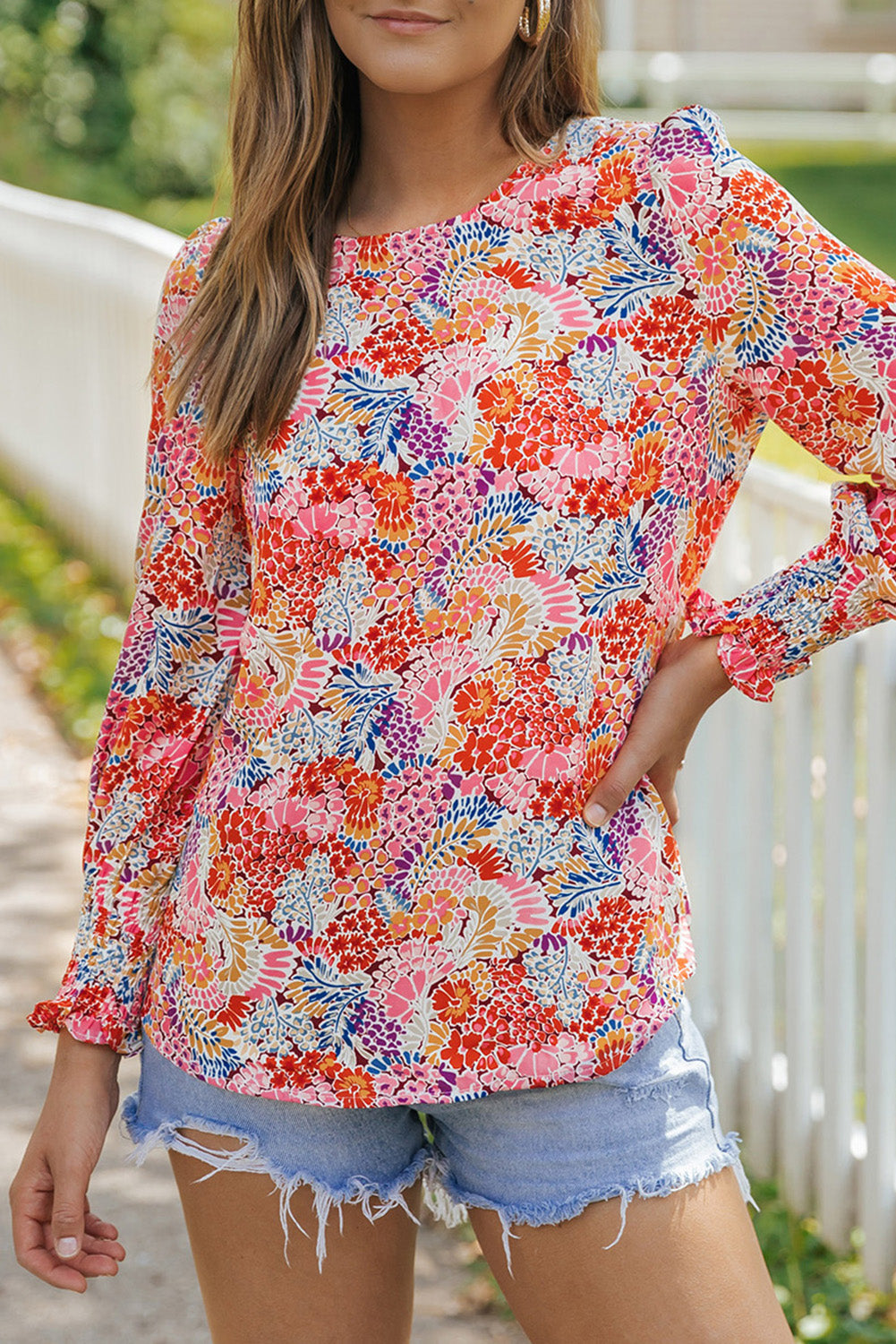 Multicolor Gorgeous Floral Print Tie V Neck Ruffle Dress