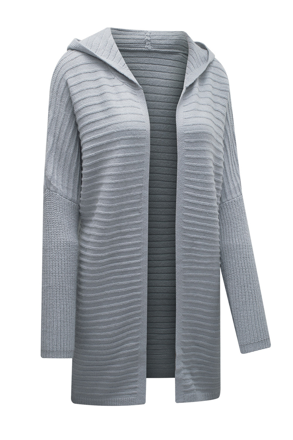 Black Horizontal Rib Knitted Open Front Hooded Cardigan