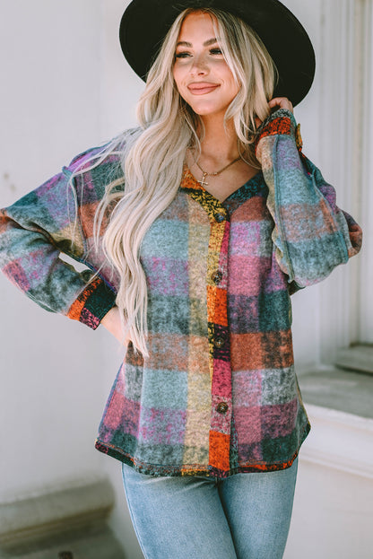 Multicolor Brushed Plaid Buttoned Pullover Oversized Hoodie