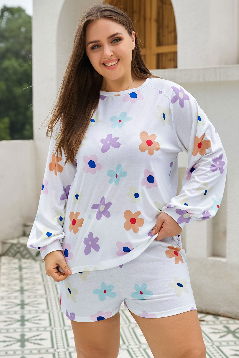 White Floral Long Sleeve Henley Top and Drawstring Shorts Set