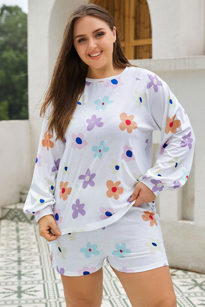 White Floral Long Sleeve Henley Top and Drawstring Shorts Set