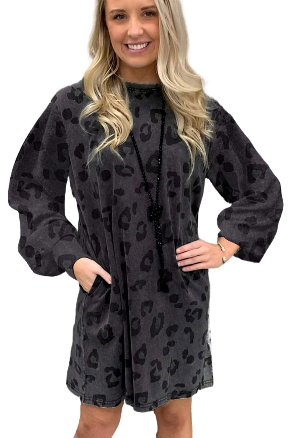Gray Vintage Washed Leopard T-Shirt Dress with Pockets