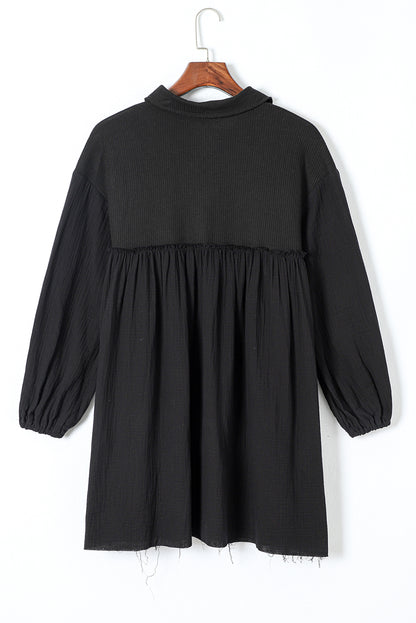 Green Patchwork Crinkle Puff Sleeve Shirt Dress