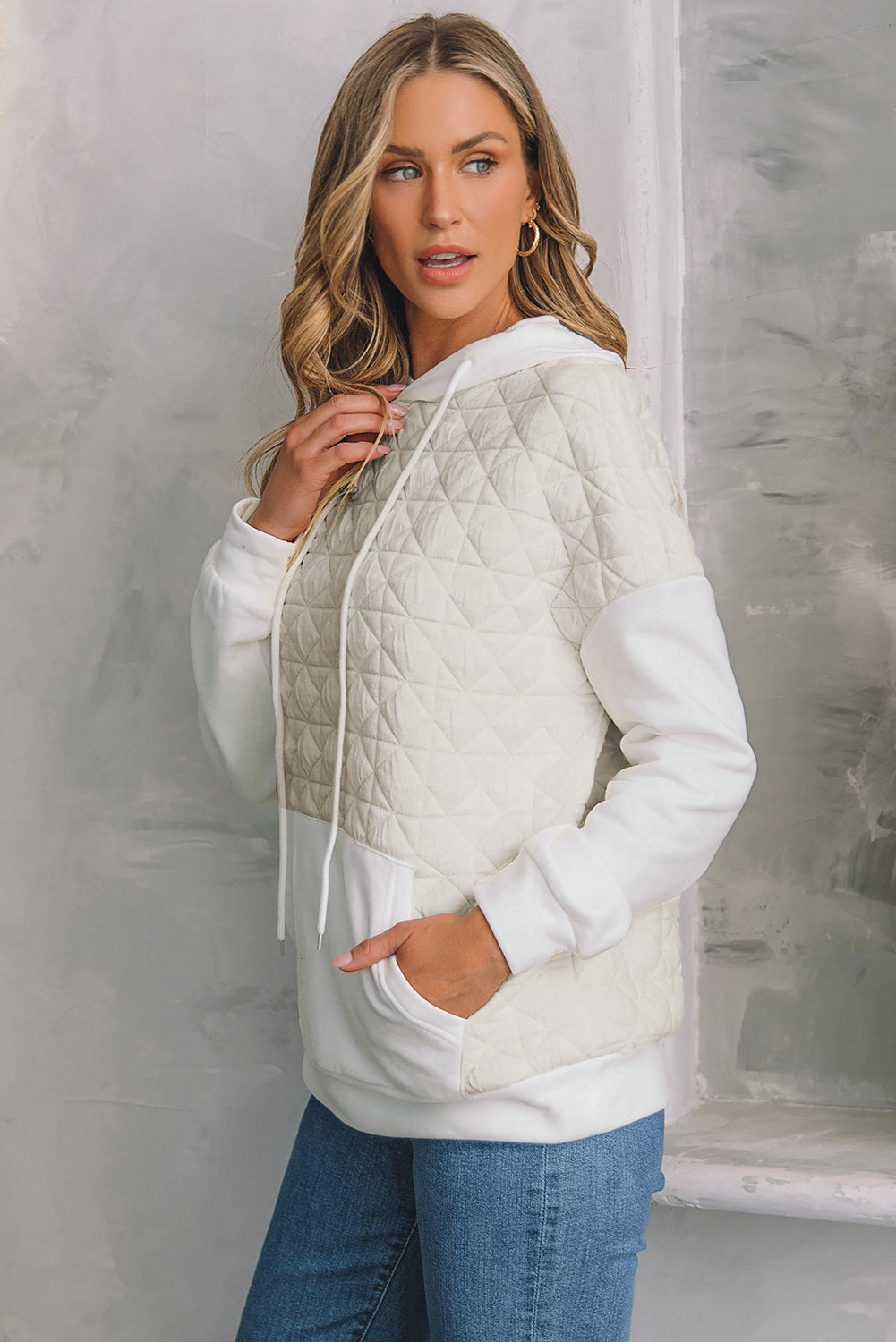Coffee Solid Color Quilted Kangaroo Pocket Hoodie