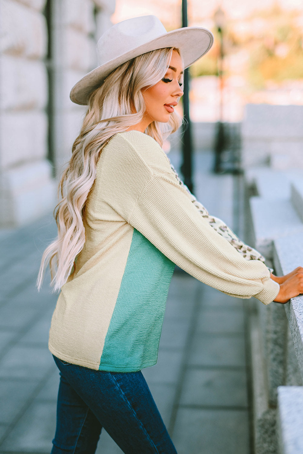 Khaki Ribbed Color Block Leopard Splicing Plus Size Top
