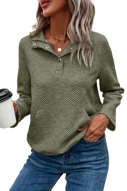 Light Grey Textured Knit Buttoned Kangaroo Pocket Sweatshirt