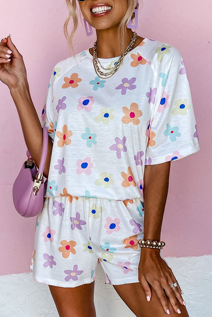 White Floral Long Sleeve Henley Top and Drawstring Shorts Set