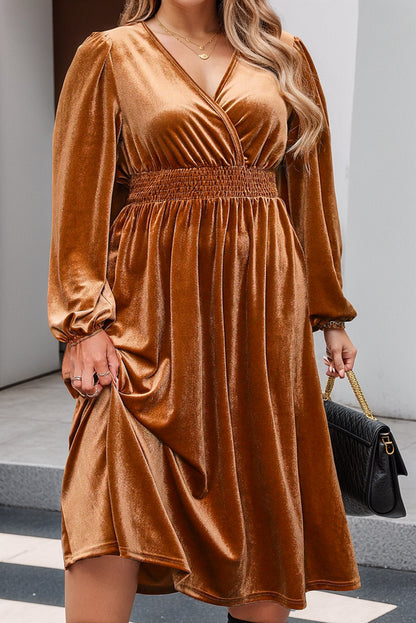 Camel Wrap V Neck Smocked High Waist Velvet Midi Dress