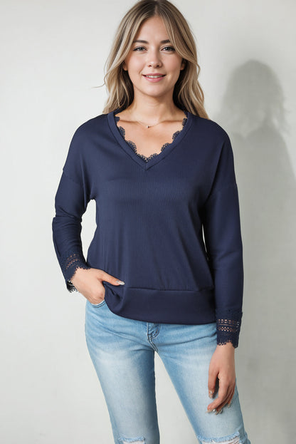 Black Ribbed Texture Lace Trim V Neck Long Sleeve Top
