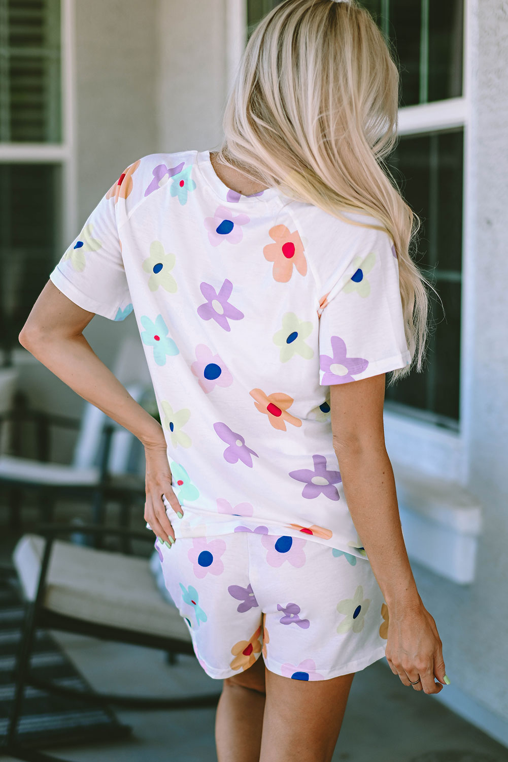 White Floral Long Sleeve Henley Top and Drawstring Shorts Set