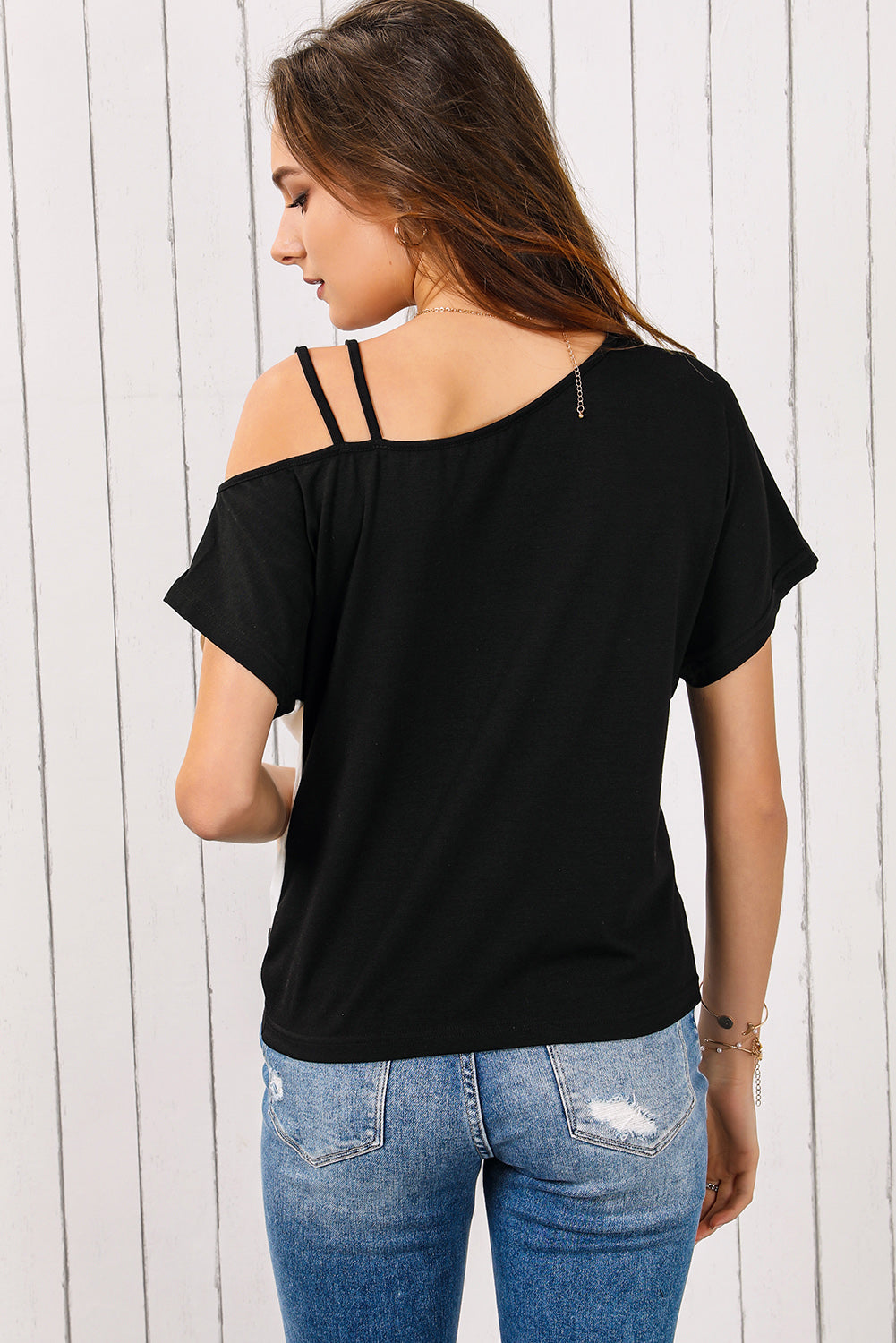 Black Asymmetric Strappy Cold Shoulder Long Sleeve Top