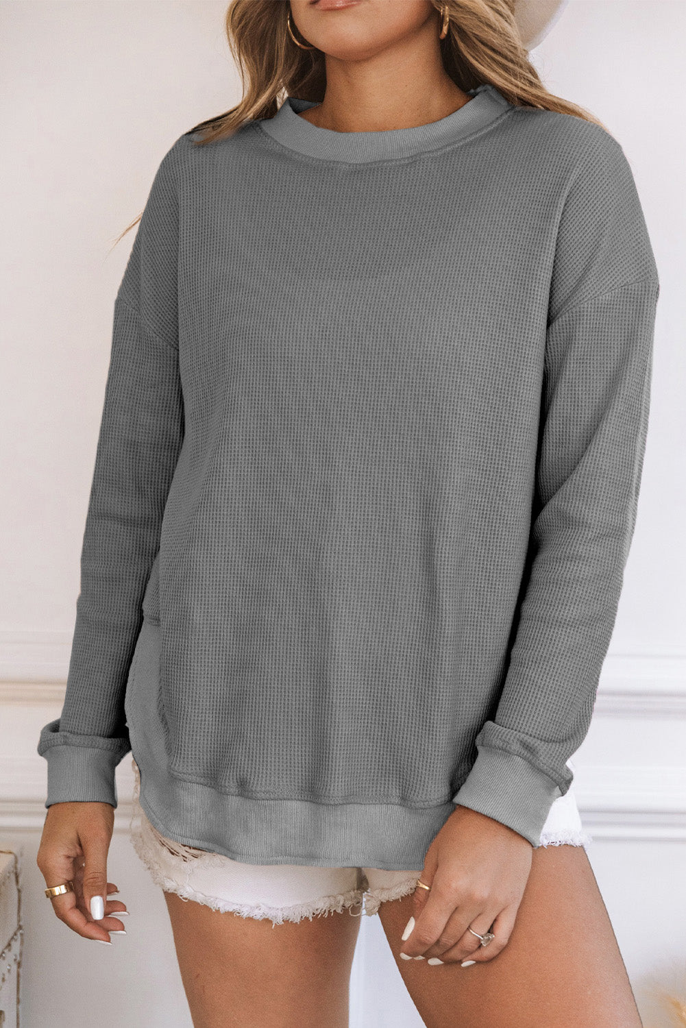 Pink Crew Neck Ribbed Trim Waffle Knit Top