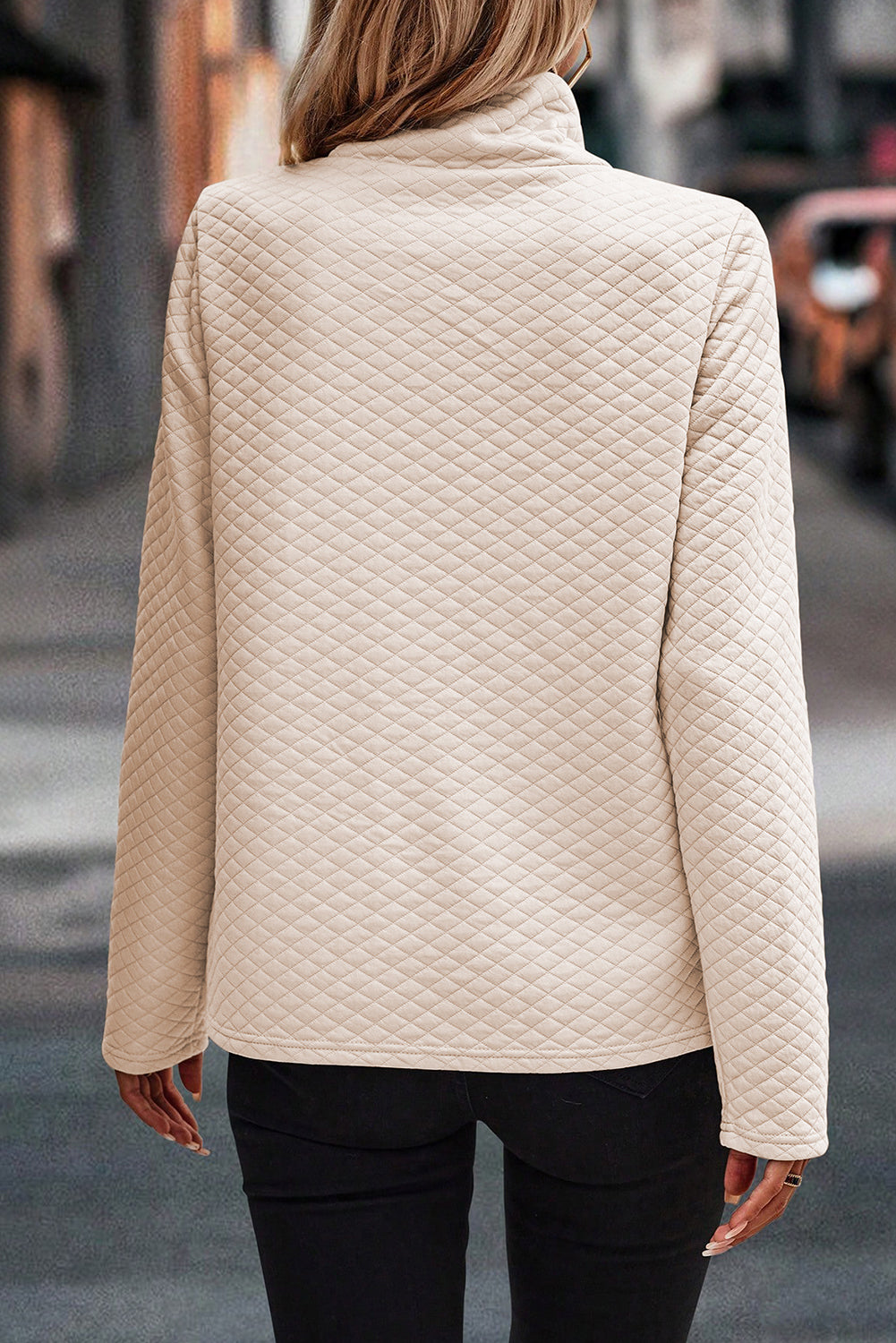 Black Solid Half Zipper Quilted Pullover Sweatshirt
