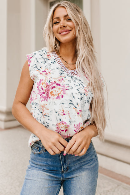 White Floral Patchwork Ribbed Maxi Dress with Pockets