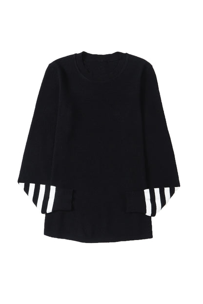 Green Striped Sleeve Plain Knit Sweater