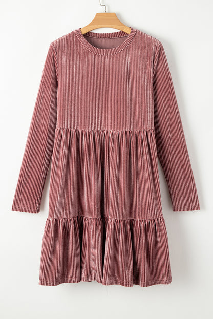 Pink Smocked Ribbed Velvet Babydoll Top