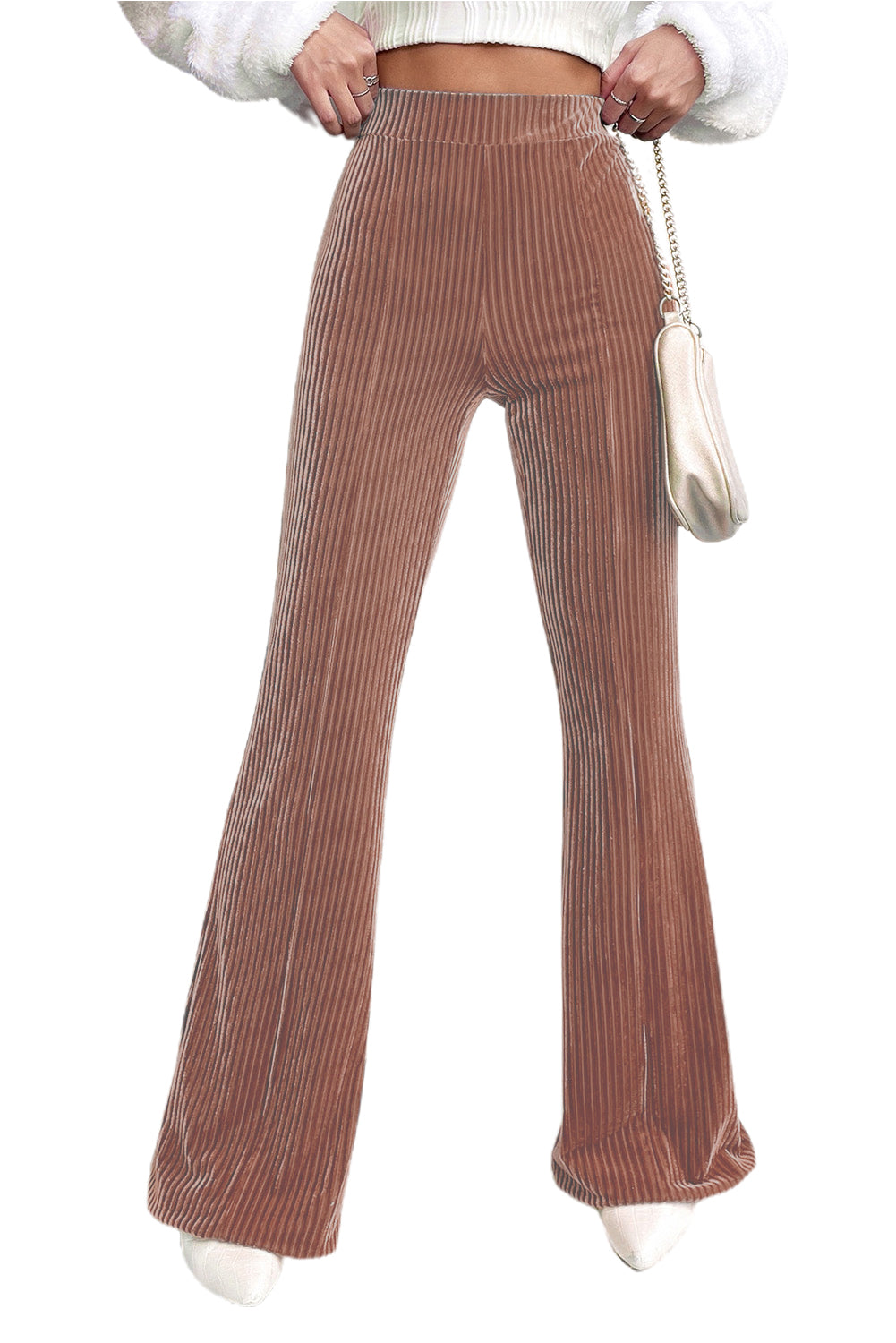 Chestnut Solid Color High Waist Flare Corduroy Pants