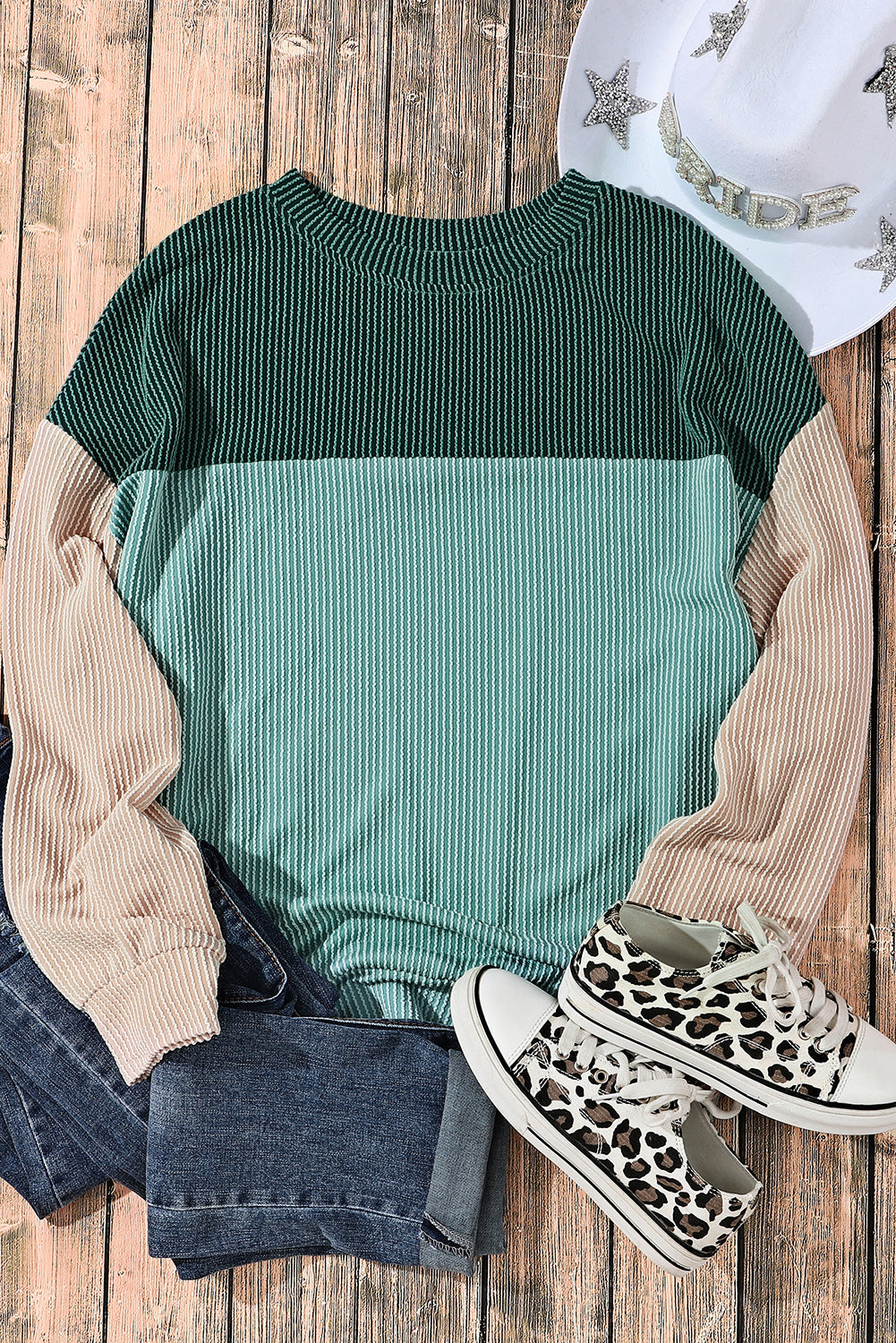 Mineral Red Plus Size Ribbed Colorblock Long Sleeve Top