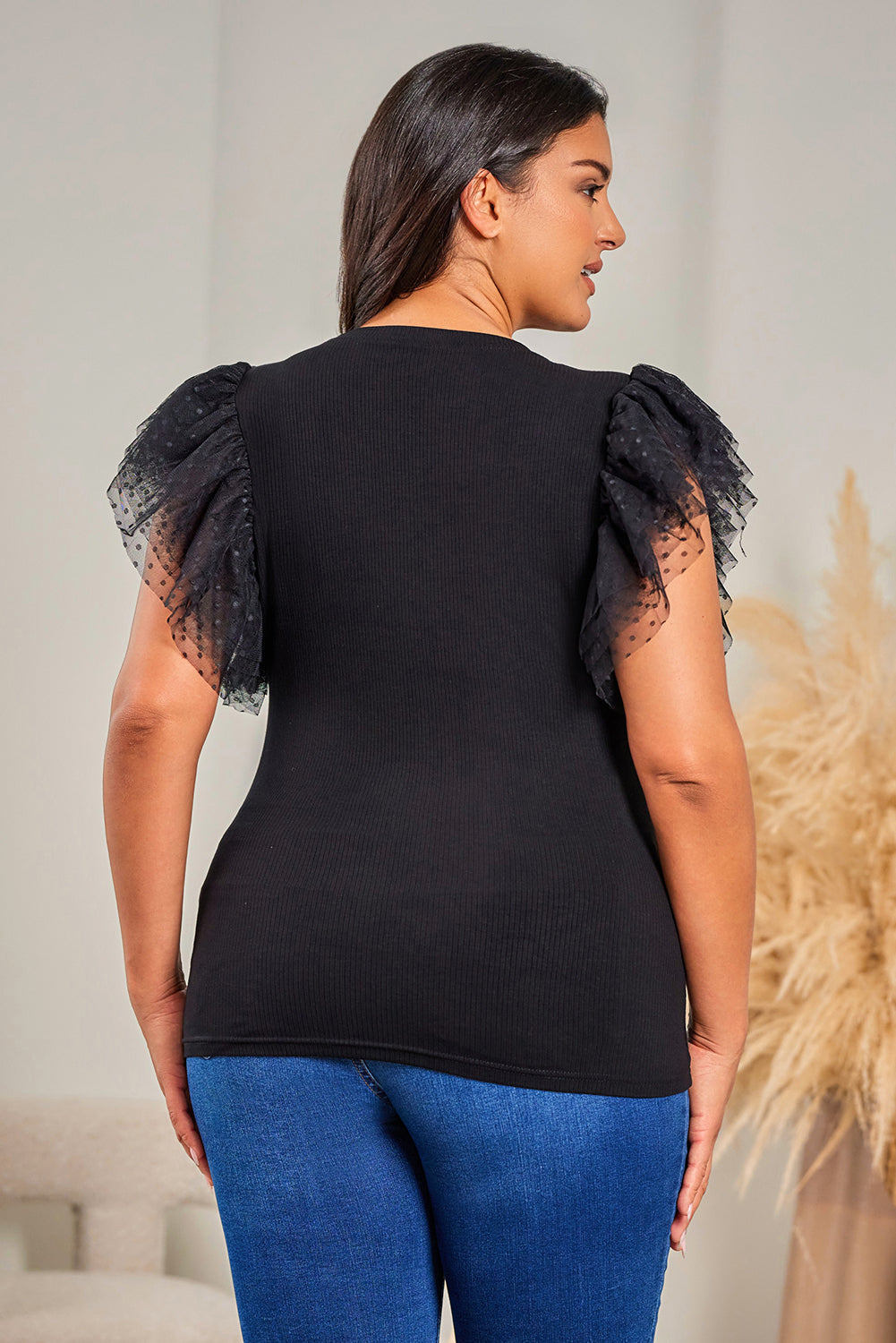 Black Dotty Mesh Ruffle Sleeve Ribbed Knit Top