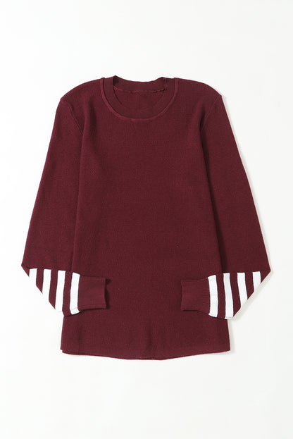 Green Striped Sleeve Plain Knit Sweater