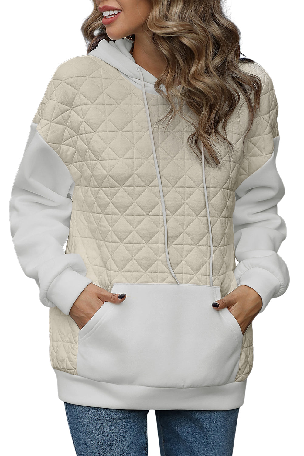Coffee Solid Color Quilted Kangaroo Pocket Hoodie