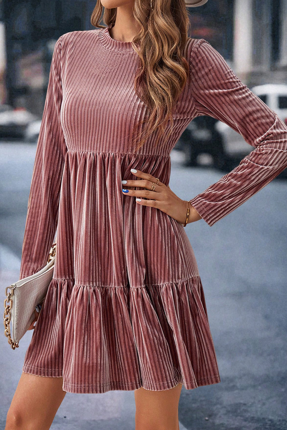 Pink Smocked Ribbed Velvet Babydoll Top