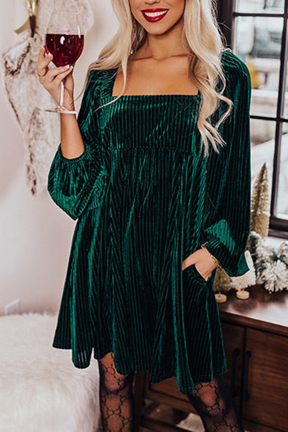 Pink Smocked Ribbed Velvet Babydoll Top