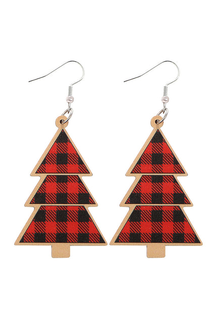 Fiery Red Shade Of Leopard Plaid Christmas Tree Earrings