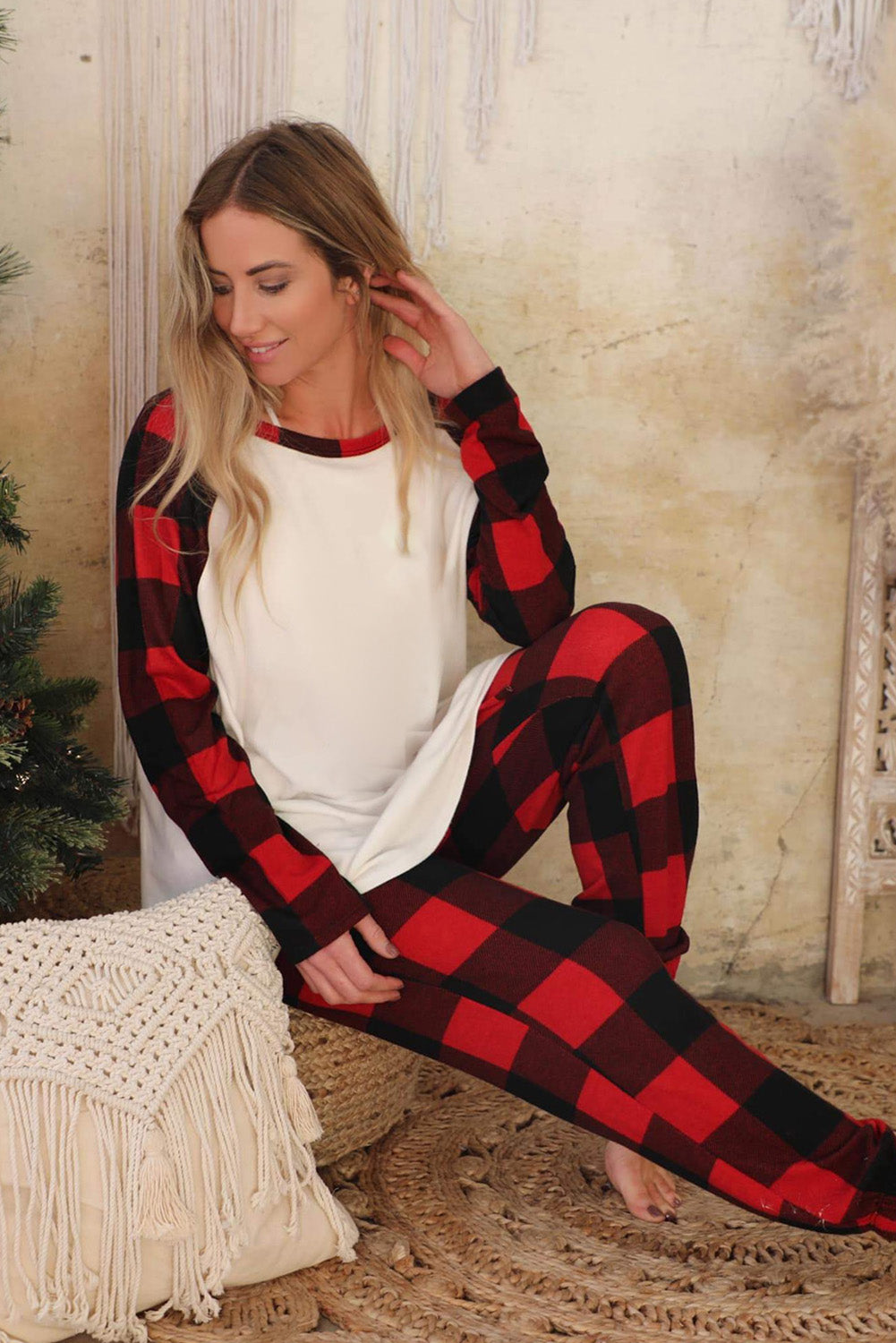 Red MERRY CHRISTMAS Plaid Print Two Piece Loungewear