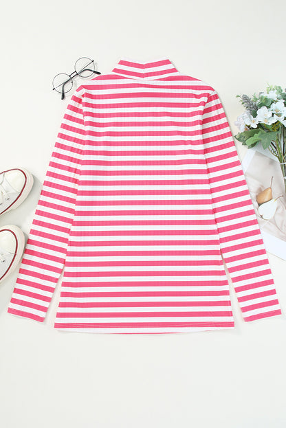 Black Striped Print Textured Knit Long Sleeve Tee